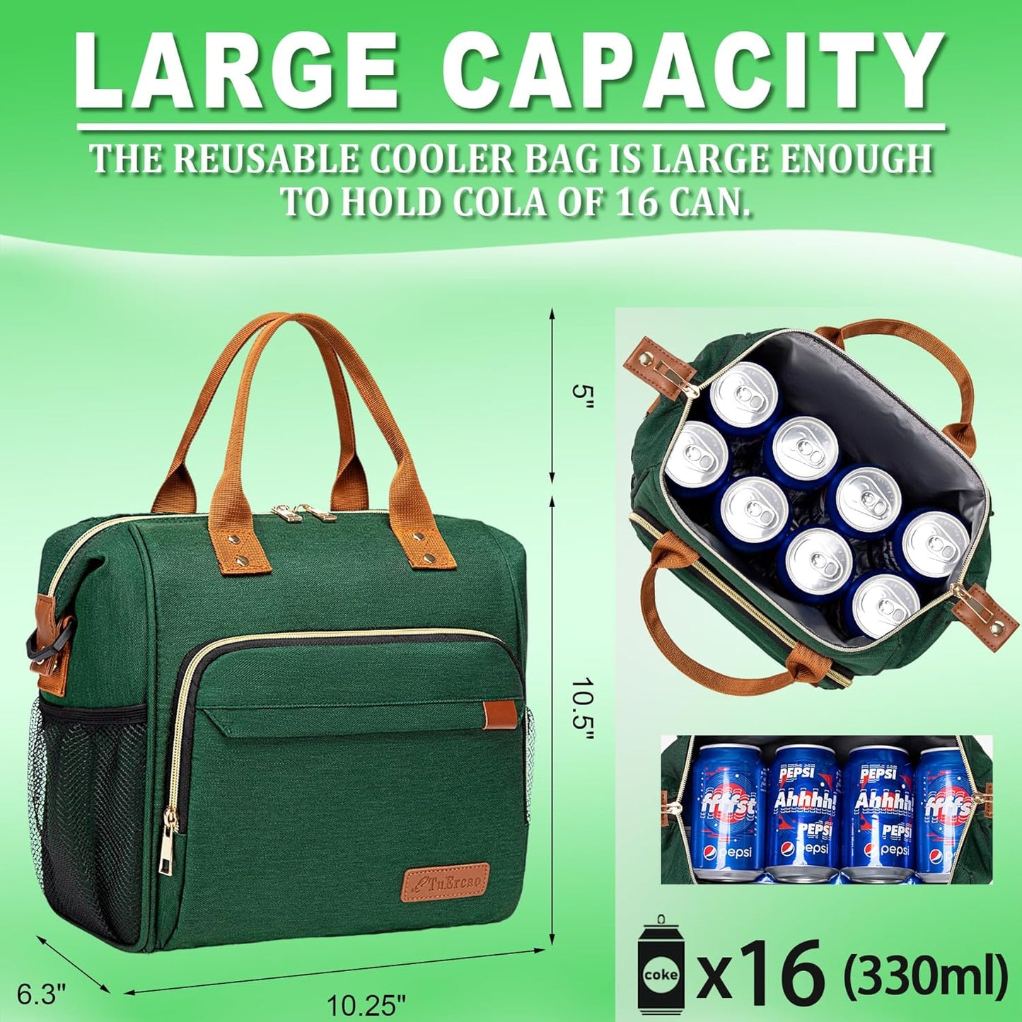 Insulated Lunch Bag for Adults - Leakproof Soft Cooler for Work, Beach, and Picnic, Dark Green