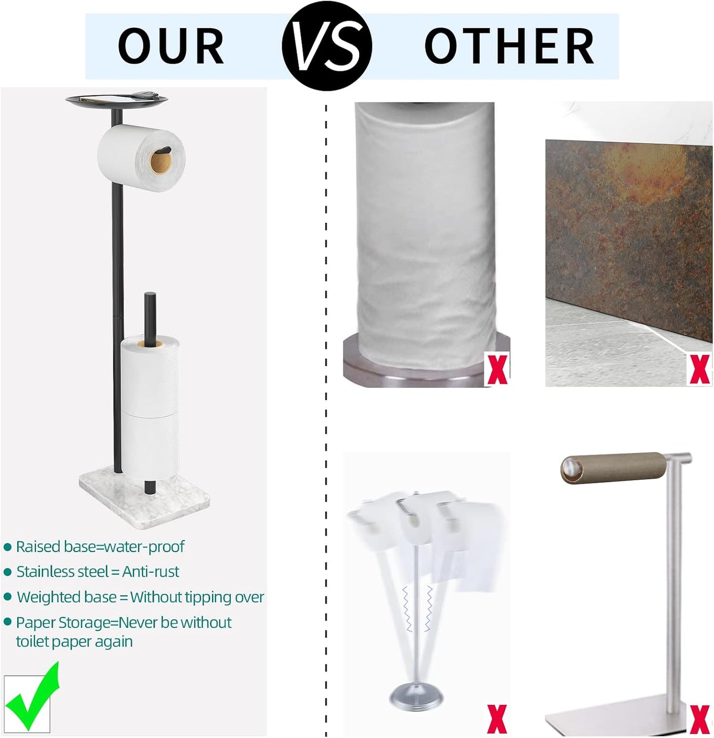 Toilet Paper Holder Stand for Bathroom Floor Standing Toilet Roll Dispenser Storages 4 Reserve Rolls, with Top Storage Shelf for Cell Phones, Wipe, Wallet and More(Marble Black)