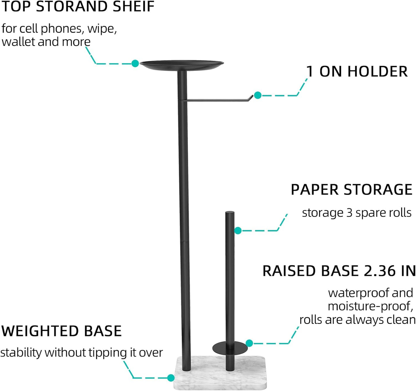 Toilet Paper Holder Stand for Bathroom Floor Standing Toilet Roll Dispenser Storages 4 Reserve Rolls, with Top Storage Shelf for Cell Phones, Wipe, Wallet and More(Marble Black)