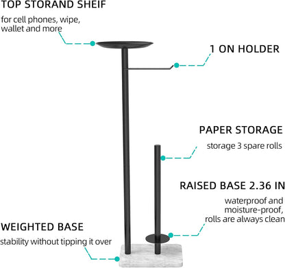 Toilet Paper Holder Stand for Bathroom Floor Standing Toilet Roll Dispenser Storages 4 Reserve Rolls, with Top Storage Shelf for Cell Phones, Wipe, Wallet and More(Marble Black)