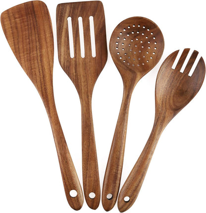 4-Piece Wooden Cooking Utensils Set for Non-Stick Cookware: Includes Spatula, Fork, Turner, Ladle, and Strainer Spoons