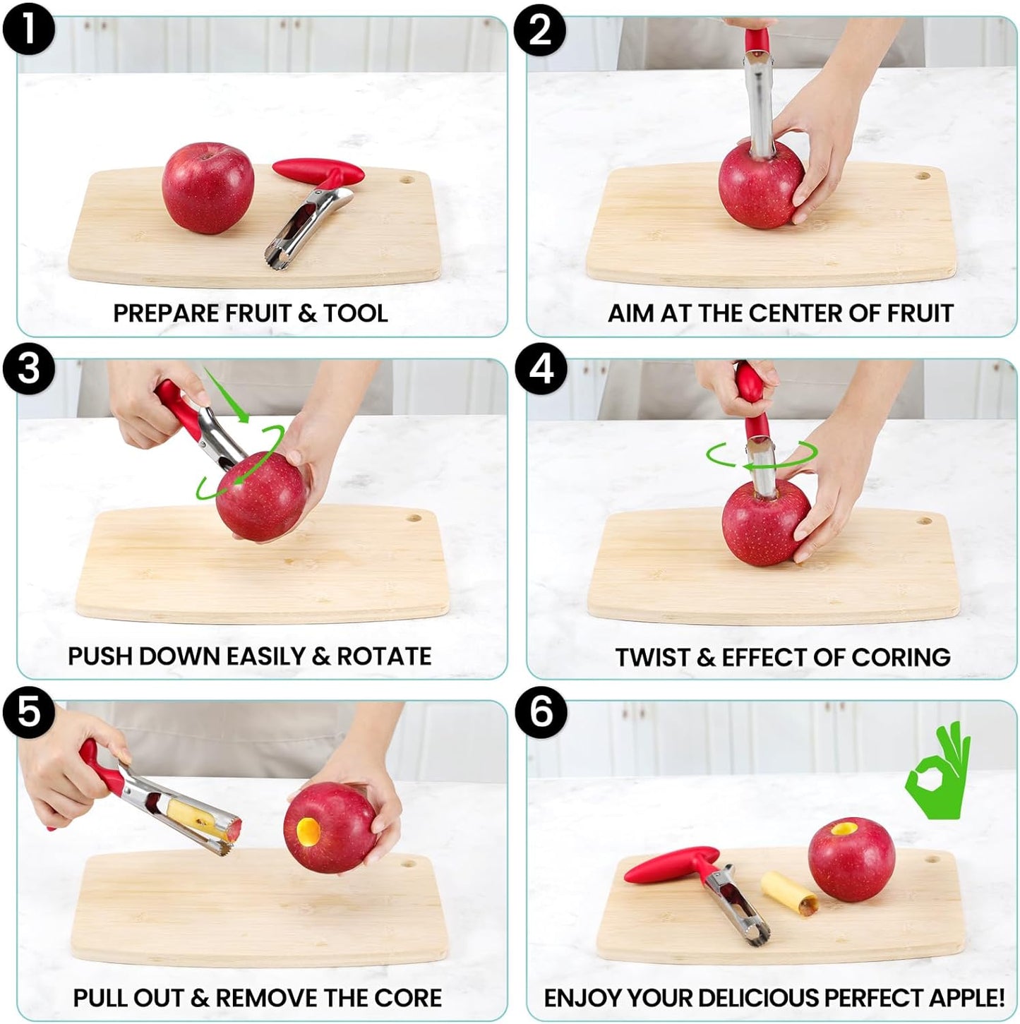 Premium Stainless Steel Apple Corer Tool - Effortless Core Removal with Sharp Serrated Blades - Easy to Clean and Use - Ideal for Apples and Pears (Red)