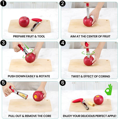 Premium Stainless Steel Apple Corer Tool - Effortless Core Removal with Sharp Serrated Blades - Easy to Clean and Use - Ideal for Apples and Pears (Red)
