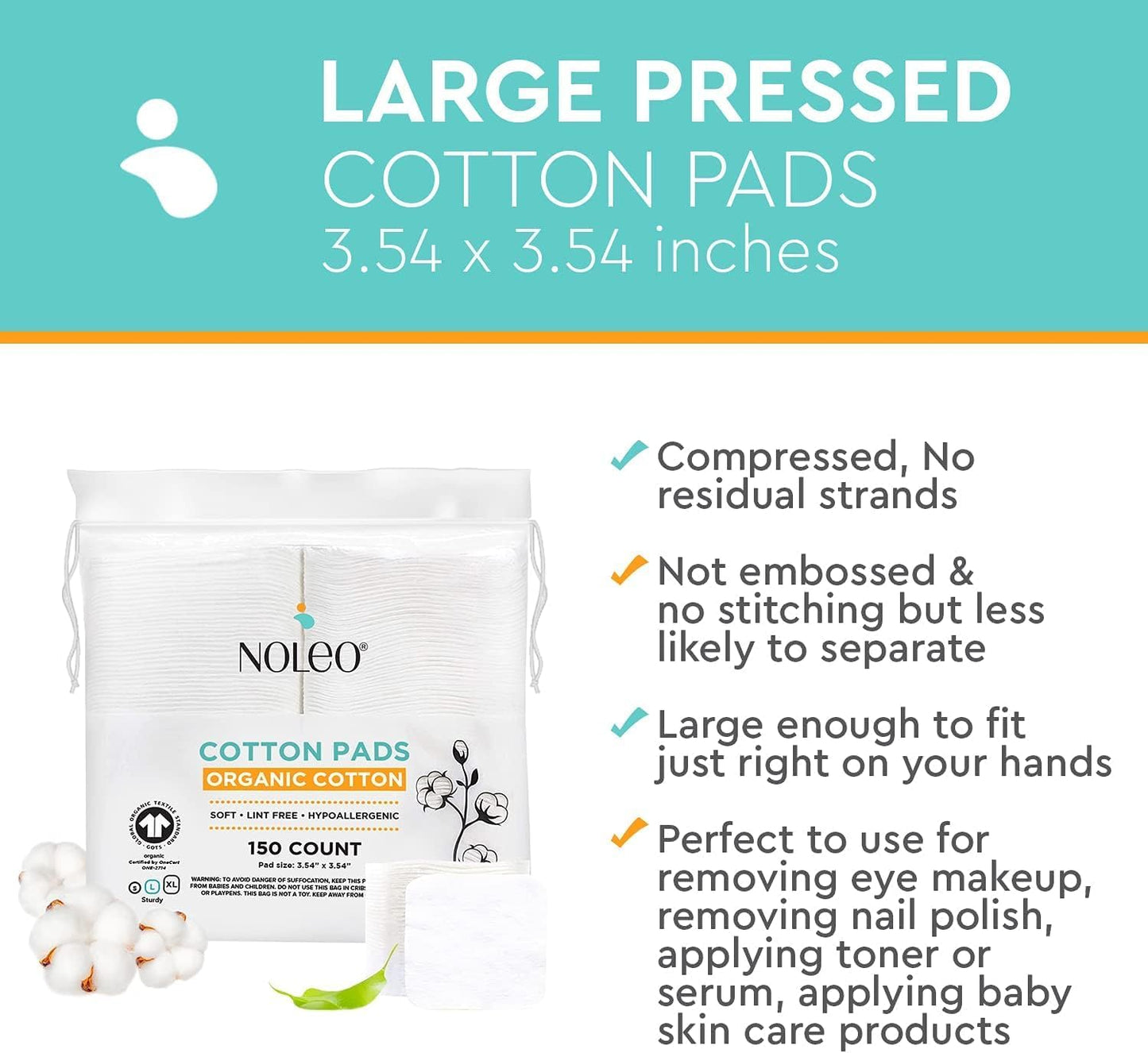 Large Pressed Cotton Rounds and Pads - 150 Count Pack