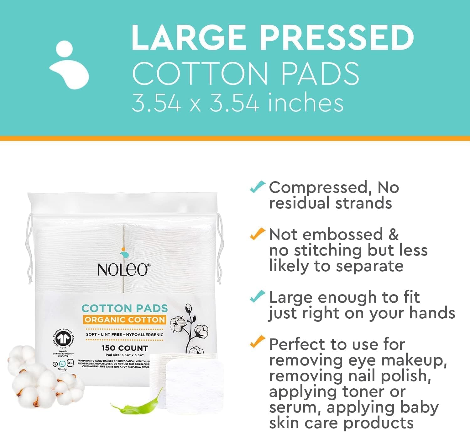 Large Pressed Cotton Rounds and Pads - 150 Count Pack